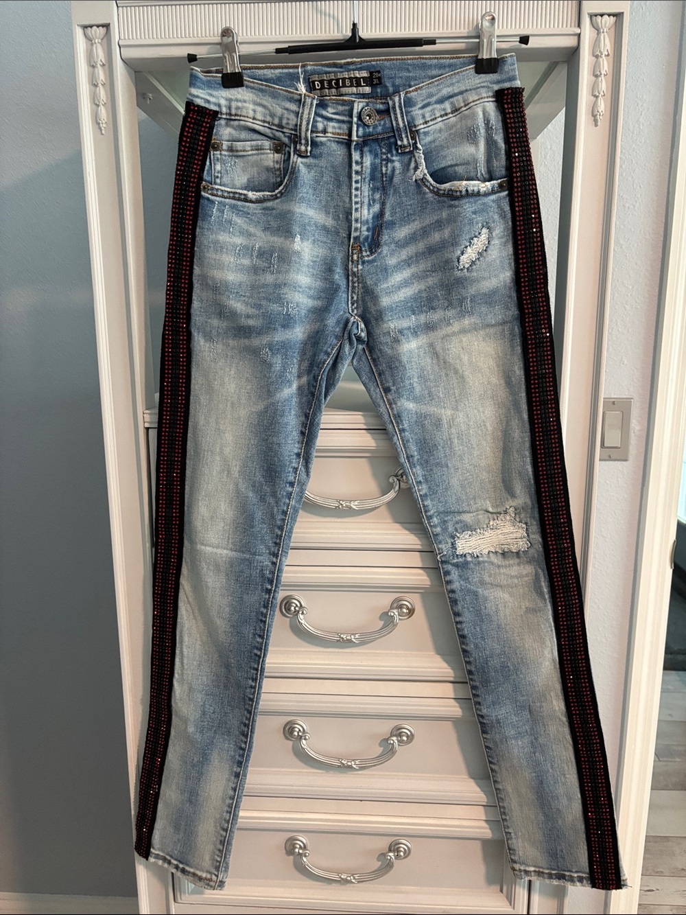 Decibel Women’s Light Wash Distressed Jeans with Black & Red Side Stripe